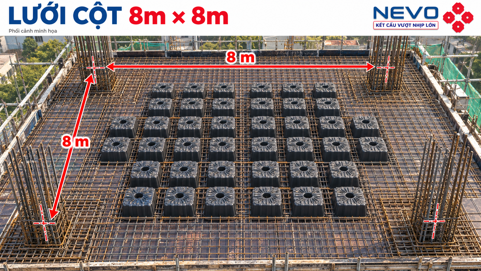 Bước cột 8m × 8m minh họa theo tim cột hai phương Bước cột 8m × 8m minh họa theo tim cột hai phương