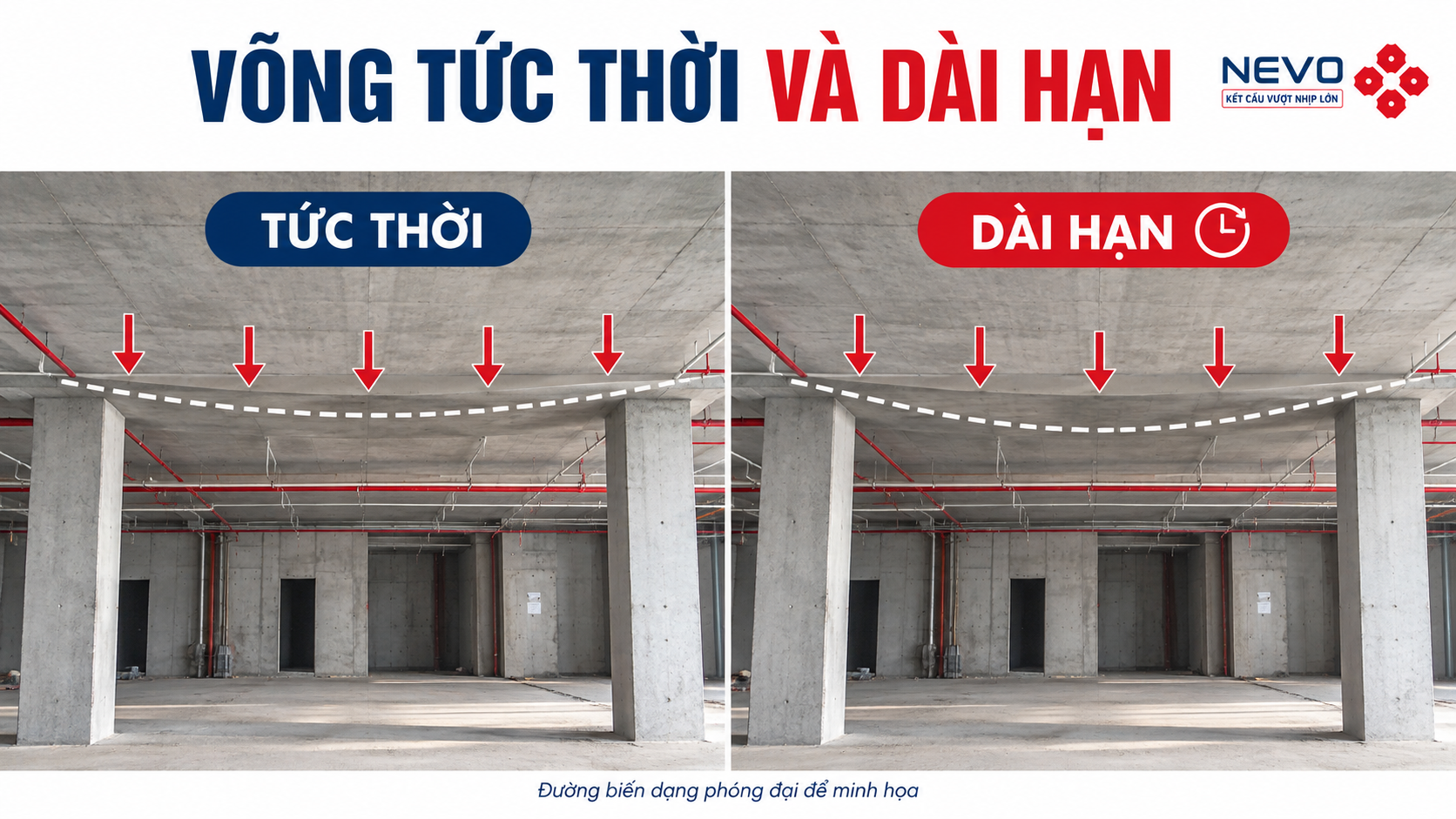 Minh họa độ võng tức thời và biến dạng tăng theo thời gian dưới tải duy trì