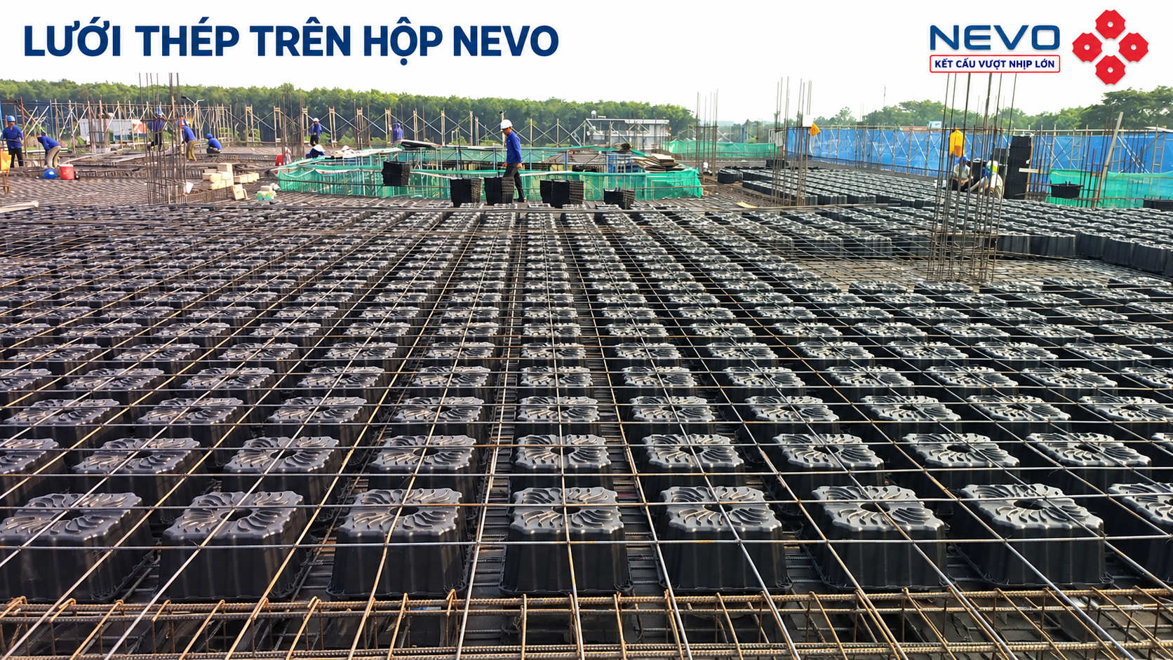 Lưới cốt thép trên hộp NEVO trong ô sàn 8x8m Lưới cốt thép trên hộp NEVO trong ô sàn 8x8m