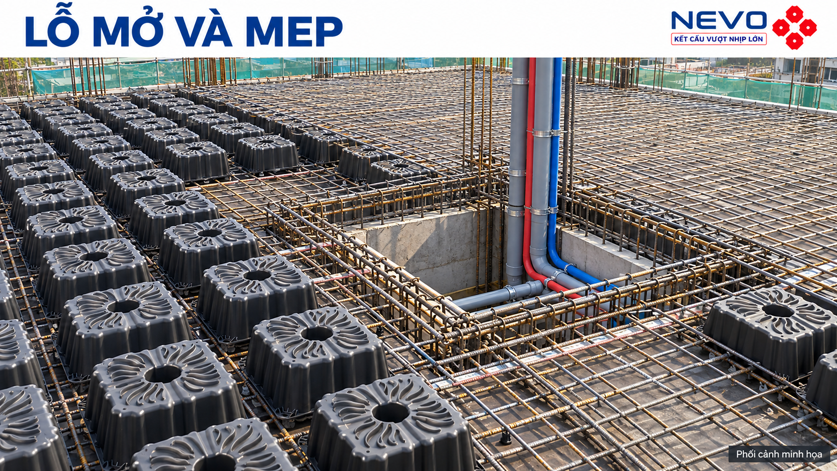 Lỗ mở và MEP trong phương án sàn bước cột 8m Lỗ mở và MEP trong phương án sàn bước cột 8m