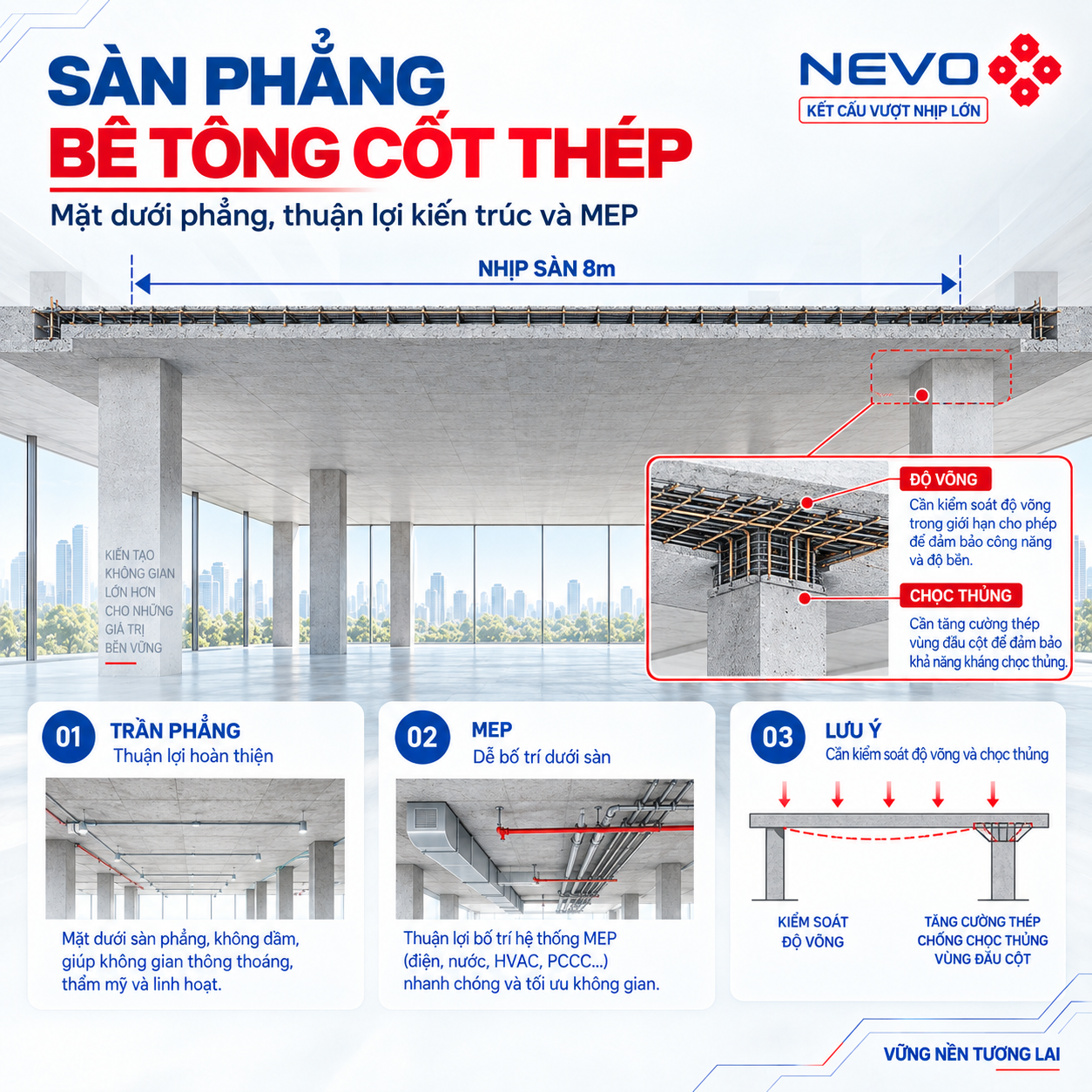 Sàn phẳng bê tông cốt thép nhịp 8m