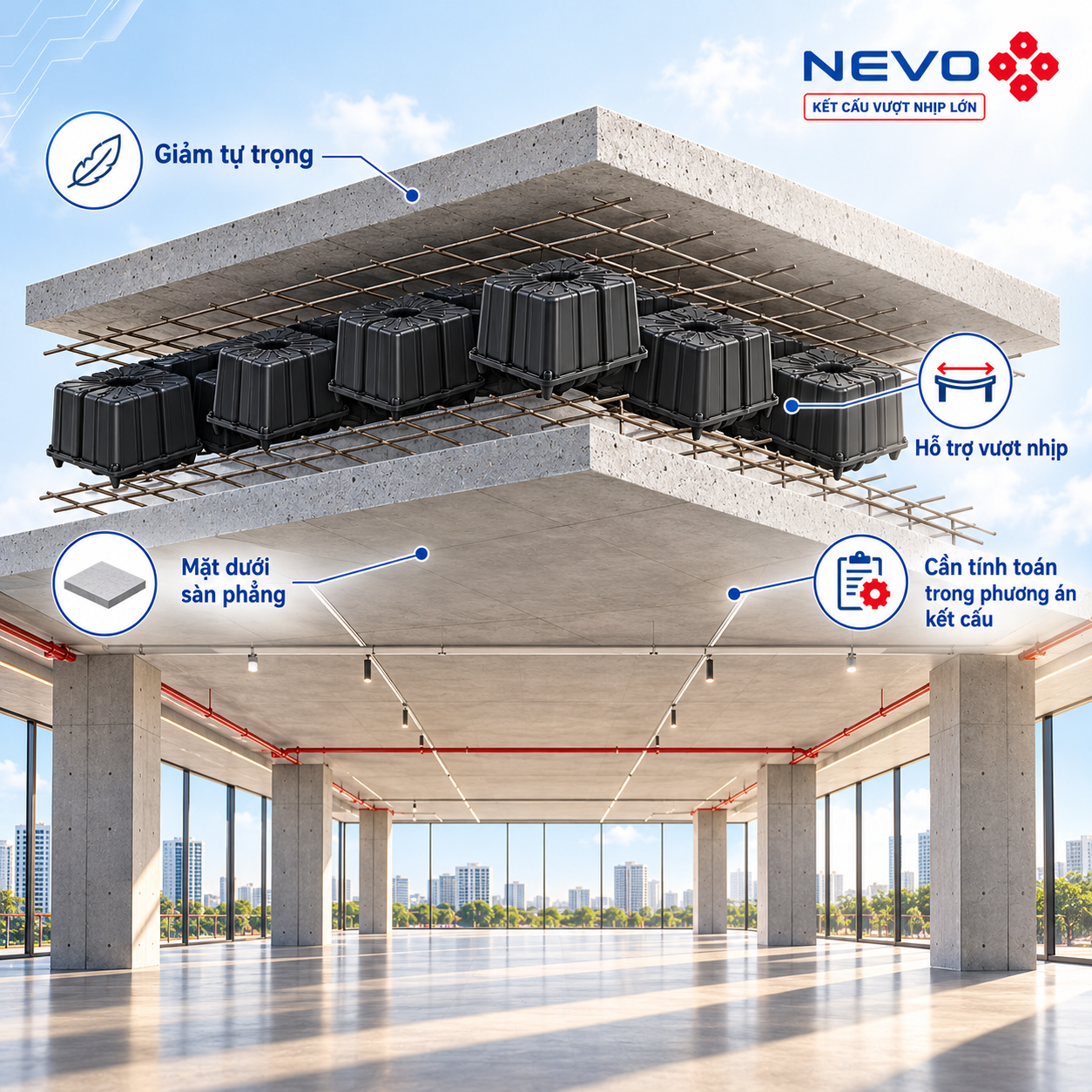 Sàn rỗng NEVO hỗ trợ phương án kết cấu vượt nhịp và giảm tự trọng