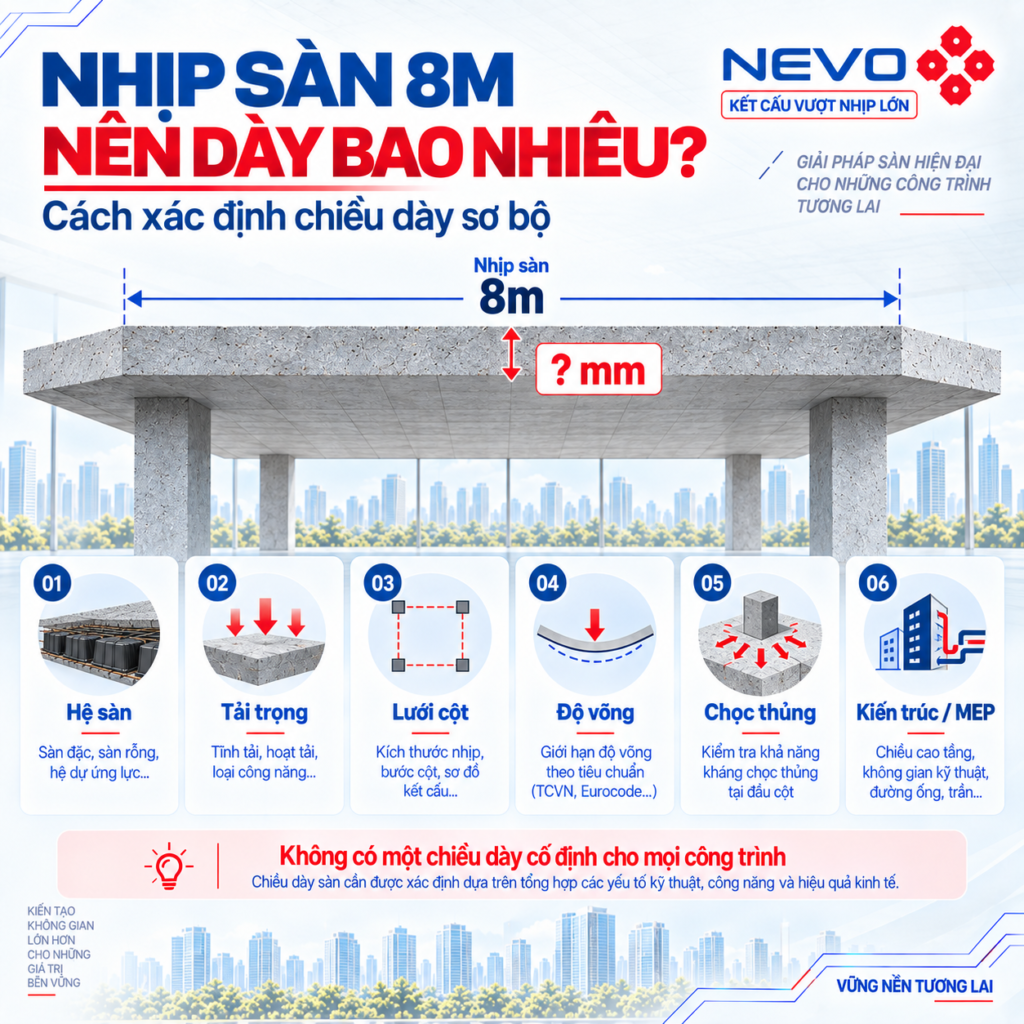 Nhịp sàn 8m nên dày bao nhiêu và các yếu tố lựa chọn chiều dày