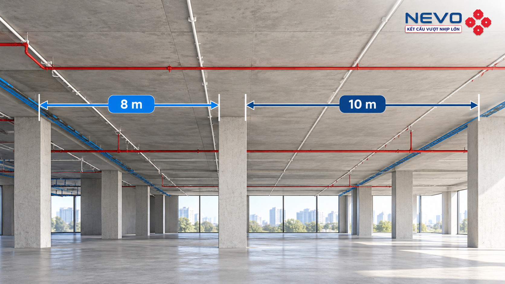 So sánh nhịp sàn 8m và 10m với lưới cột không dầm