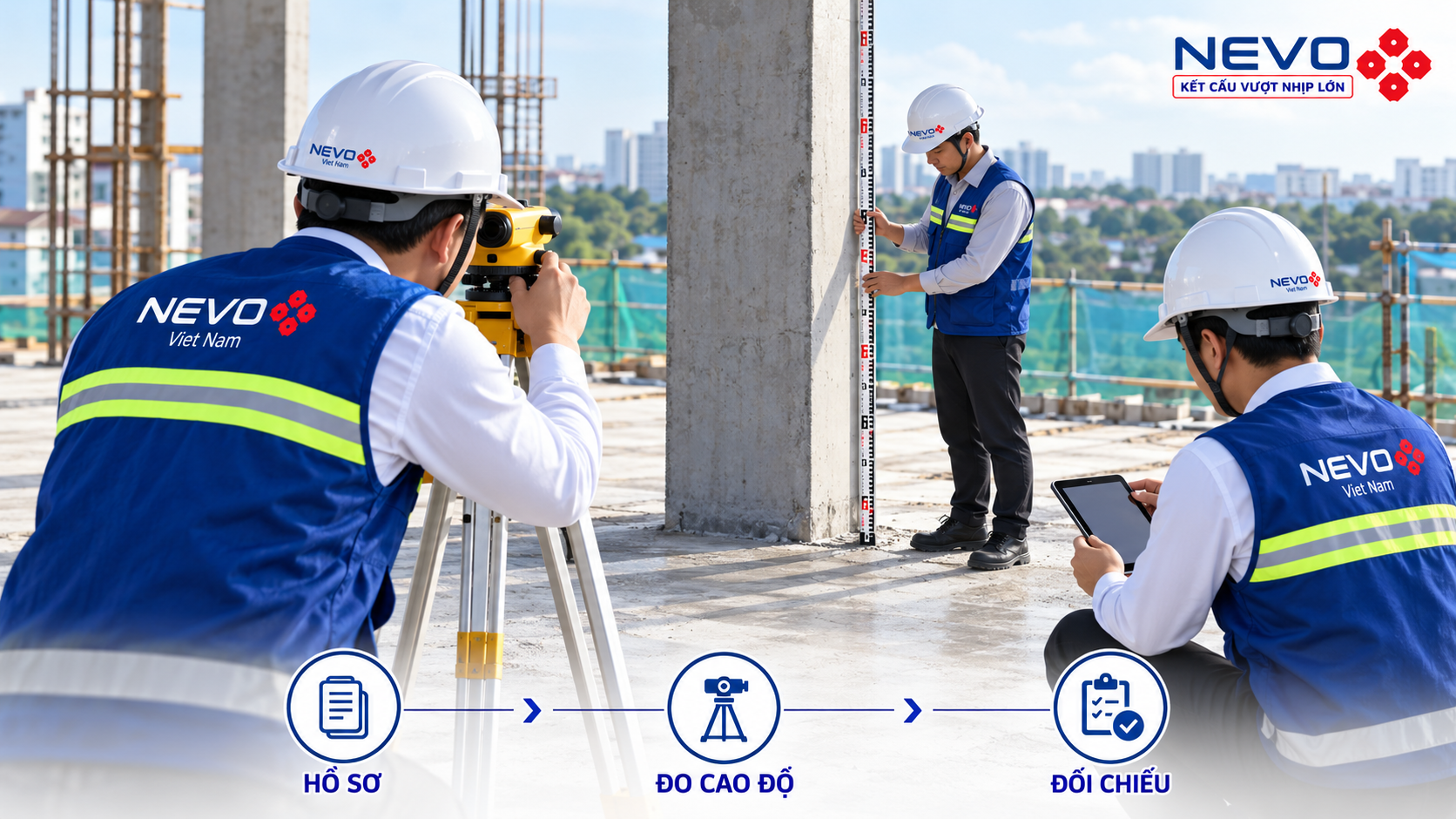 Kỹ sư đo cao độ để kiểm tra sàn bê tông bị võng