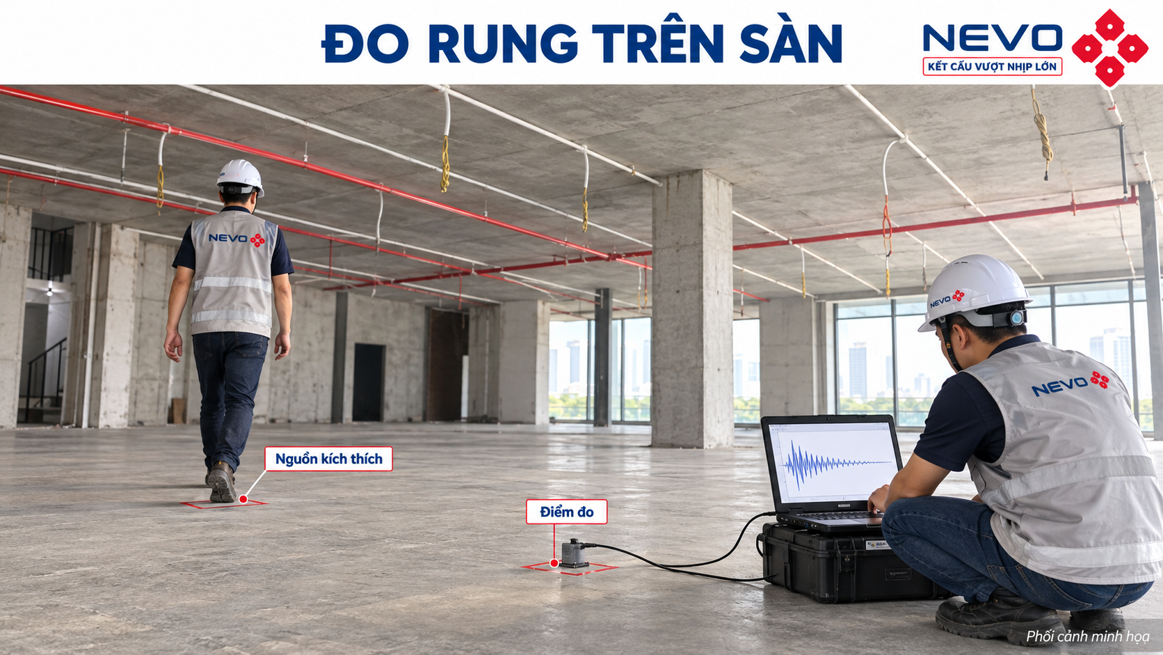 Minh họa kỹ sư dùng thiết bị đo dao động khi sàn bị rung